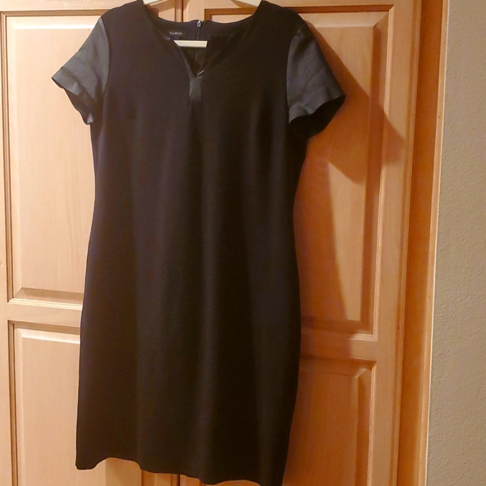 Talbots sheath dress with faux leather sleeves.